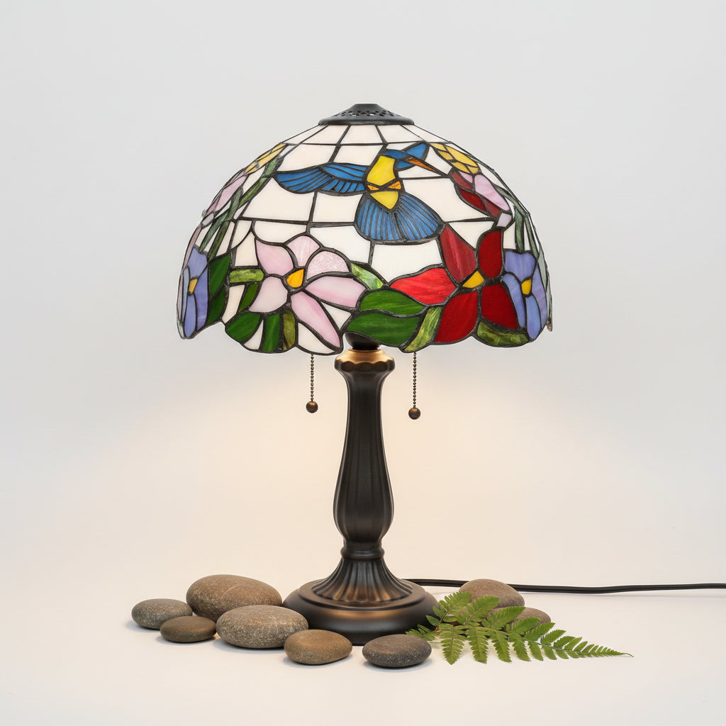Tiffany-style stained glass lampshade with hummingbird and flower design