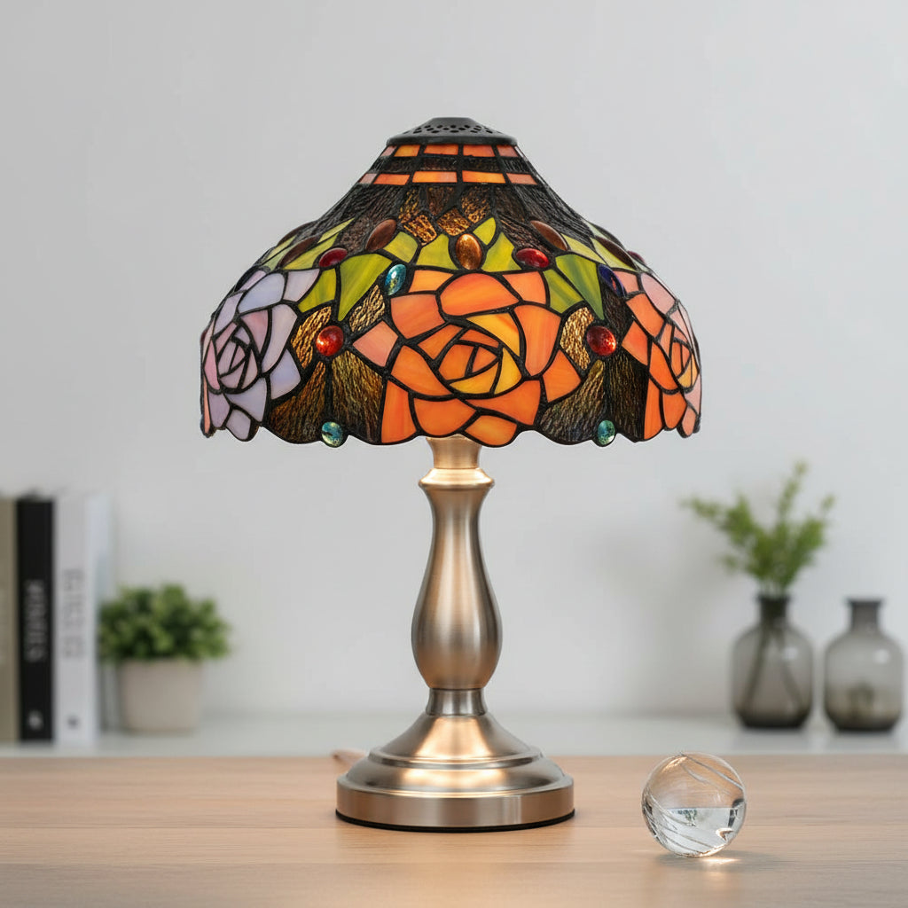 Tiffany-style tinted glass lampshade with multicolored roses
