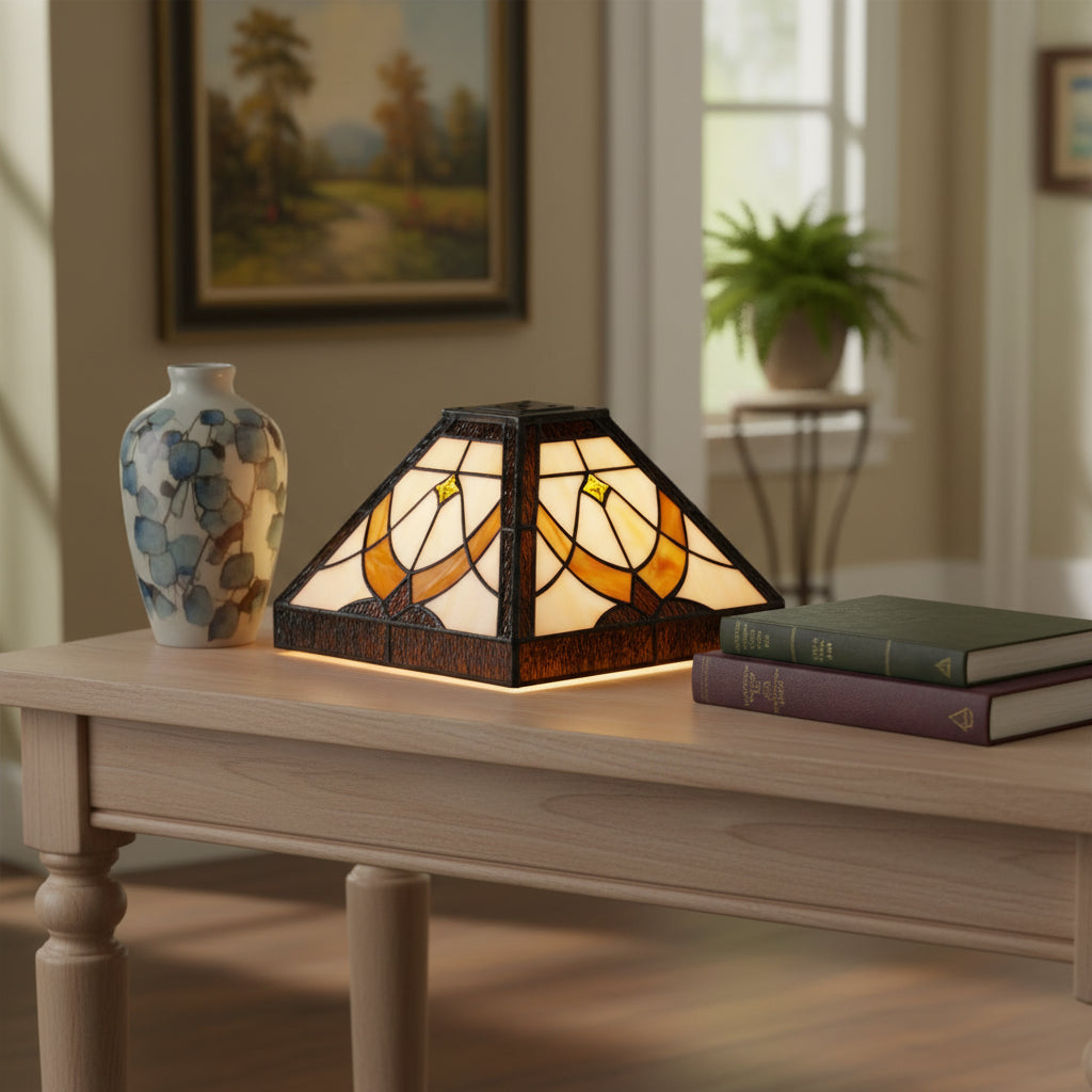 Square Tiffany-Style Lampshade in Cream and Amber