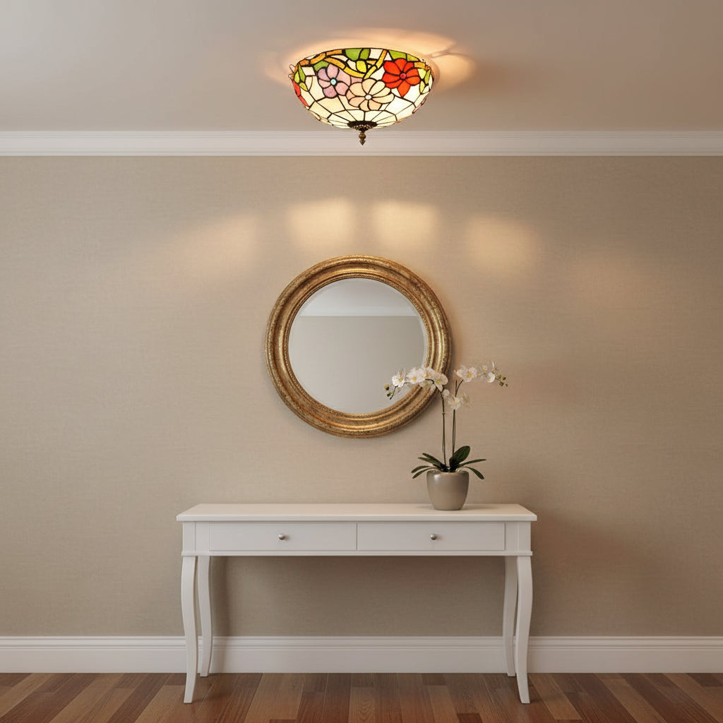 Multicolor Floral Stained Glass Ceiling Light in Tiffany Style