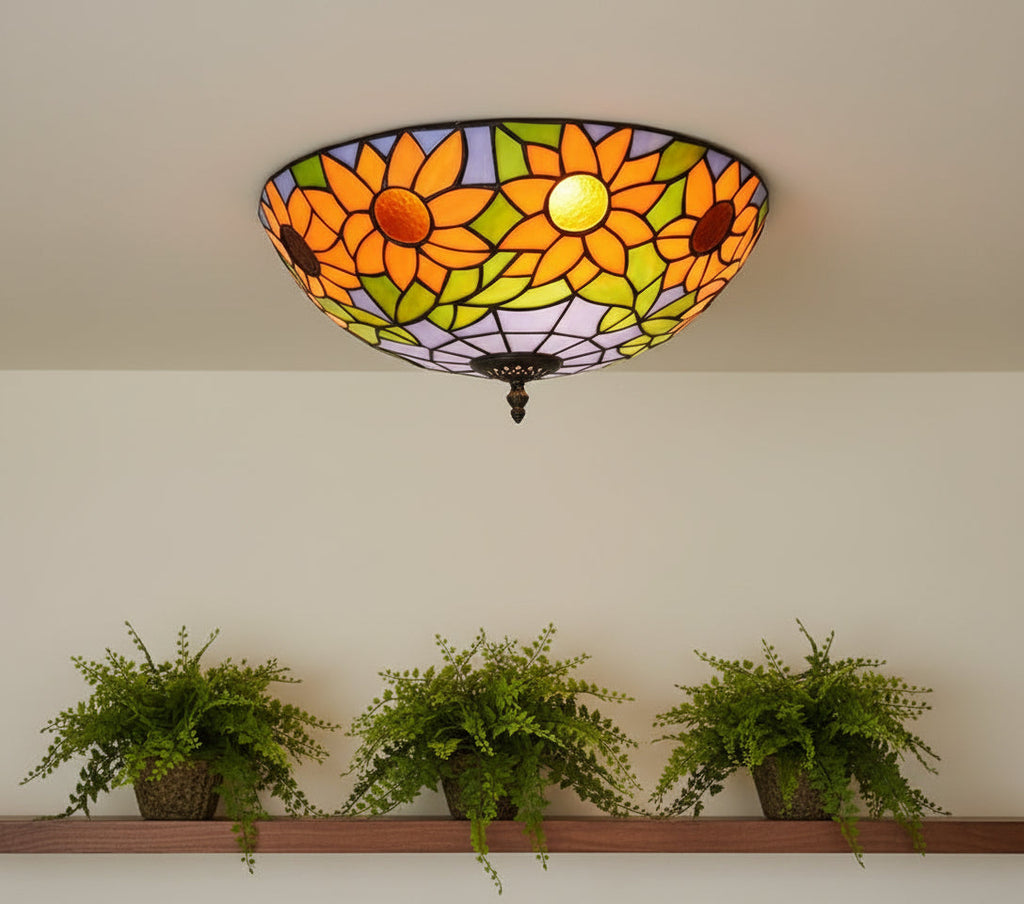 Tiffany-style stained glass ceiling light with sunflowers