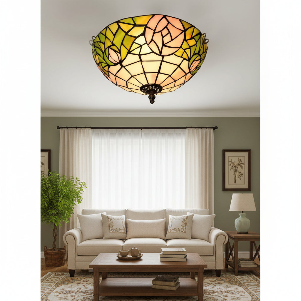 Round Tiffany Stained Glass Ceiling Light in Green & Peach