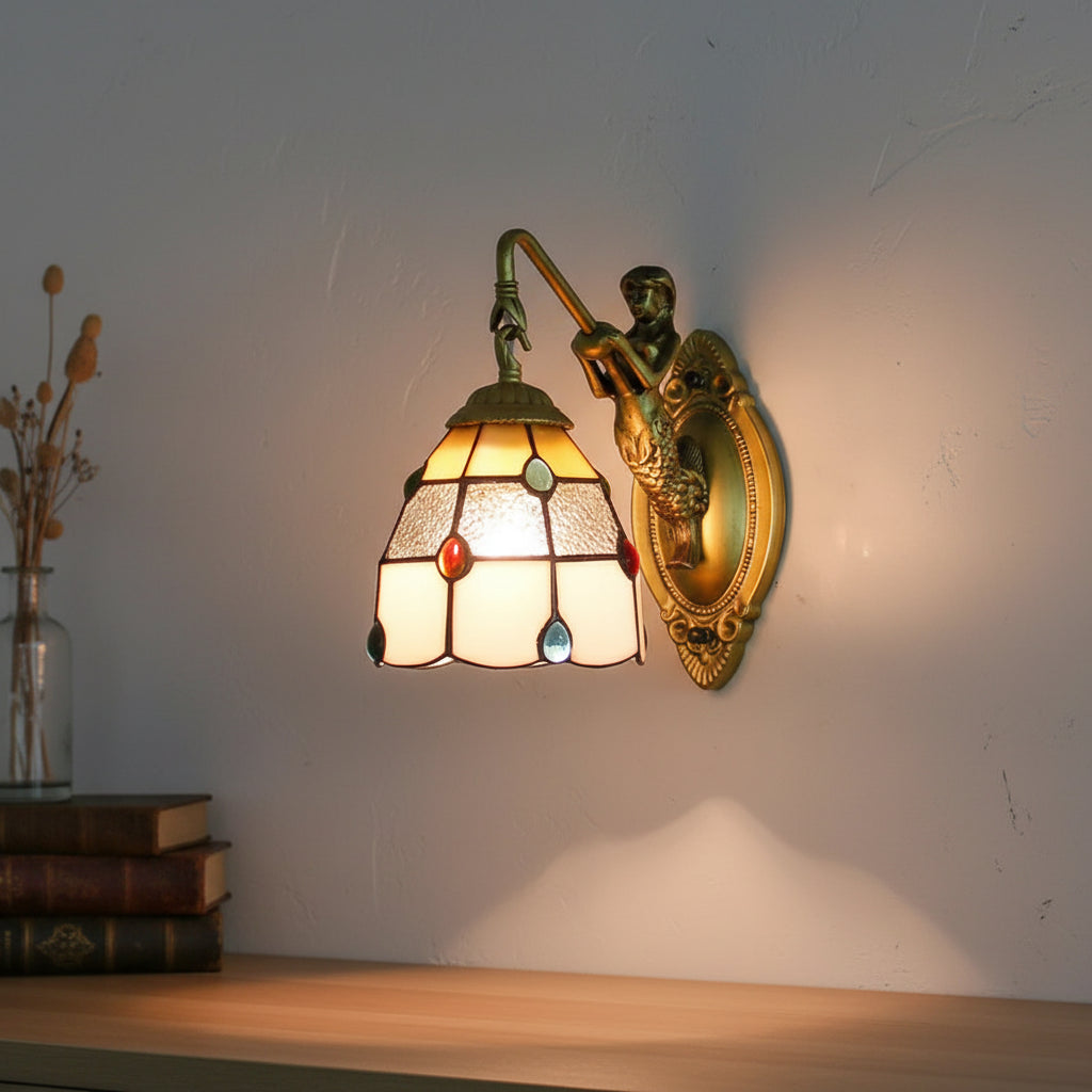 Mermaid Wall Sconce in Stained Glass and Antique Brass