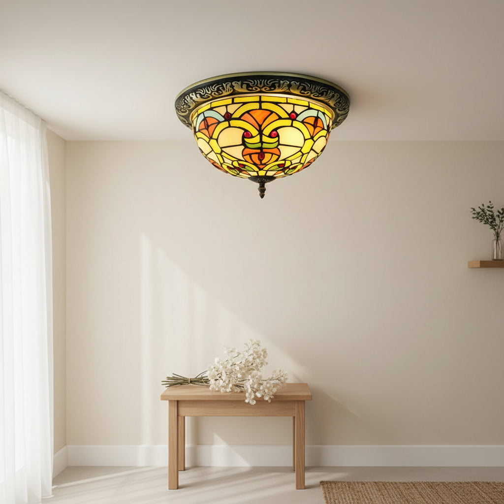 Round Tiffany-style ceiling light in stained glass