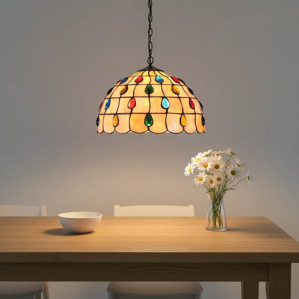 Tiffany-style pendant light in tinted glass with cabochons, 30cm