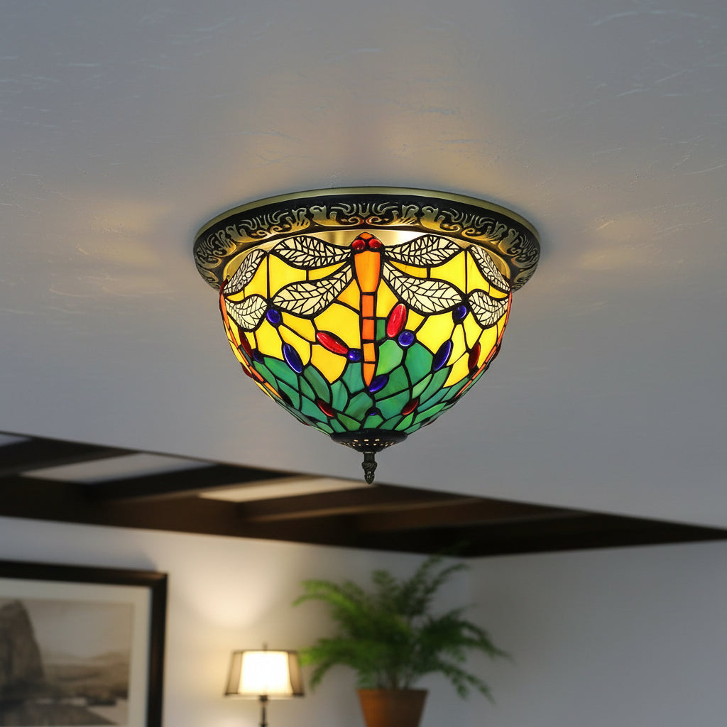 Tiffany Style Dragonfly Ceiling Light in Stained Glass