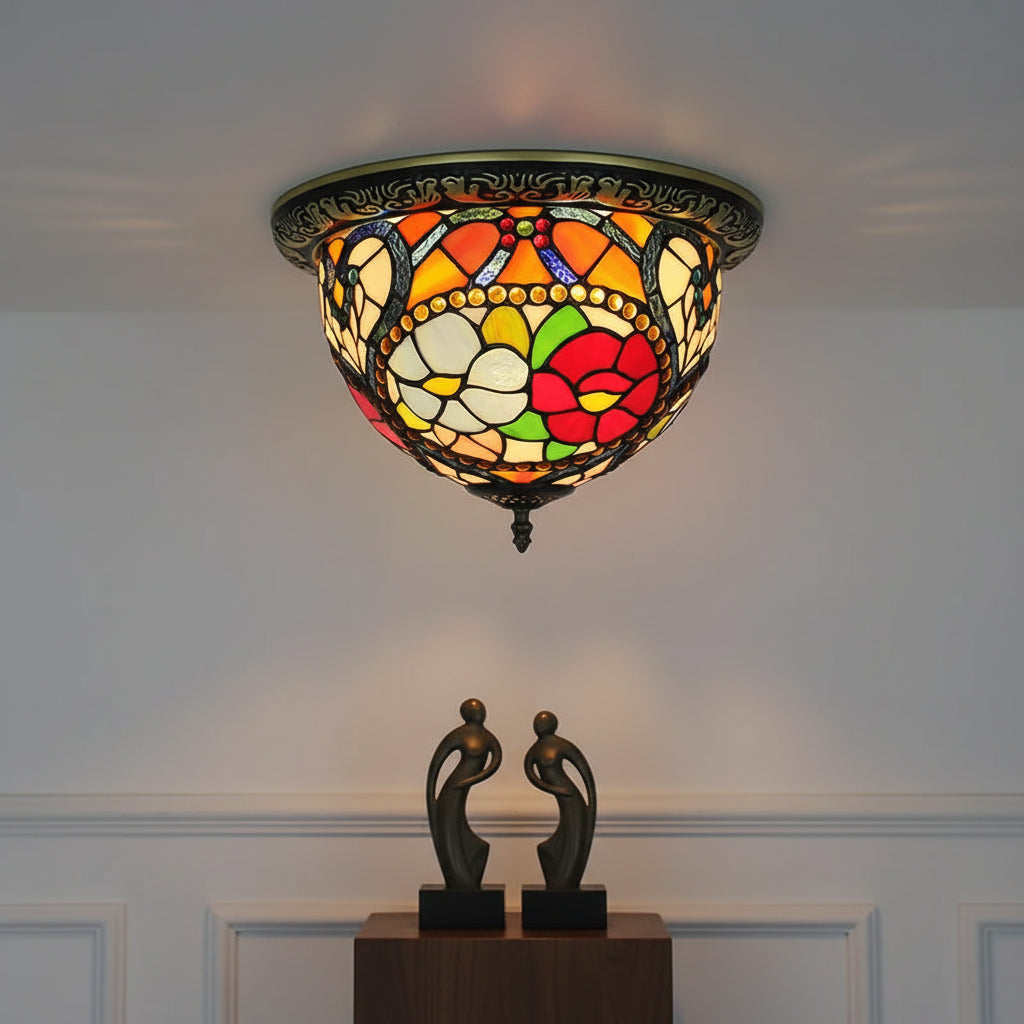 Tiffany-style Floral Stained Glass and Iron Ceiling Light