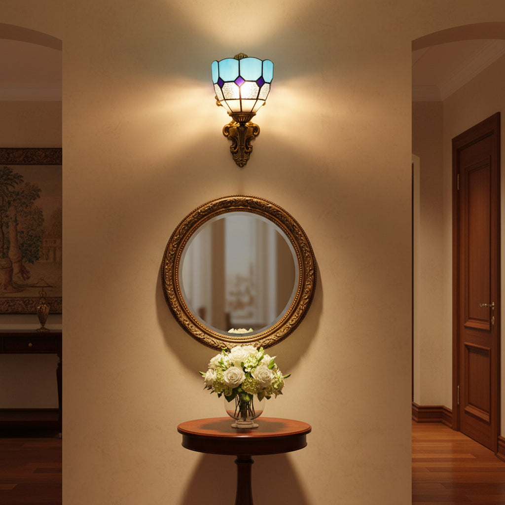 Ornate Wall Sconce in Blue and Purple Tinted Glass