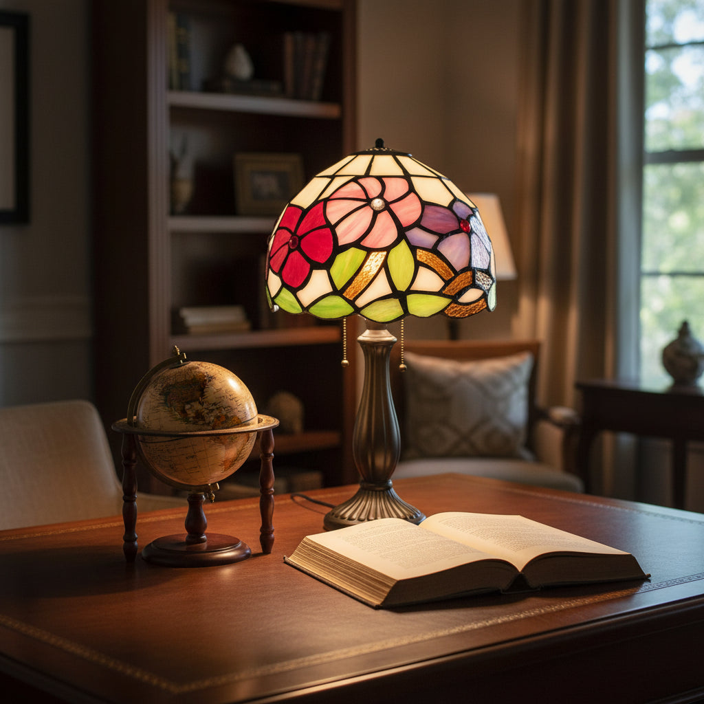 Floral Stained Glass Dome Lampshade with Beads