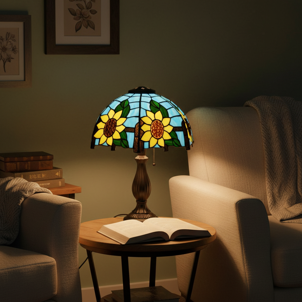 Tiffany stained glass lampshade with sunflowers