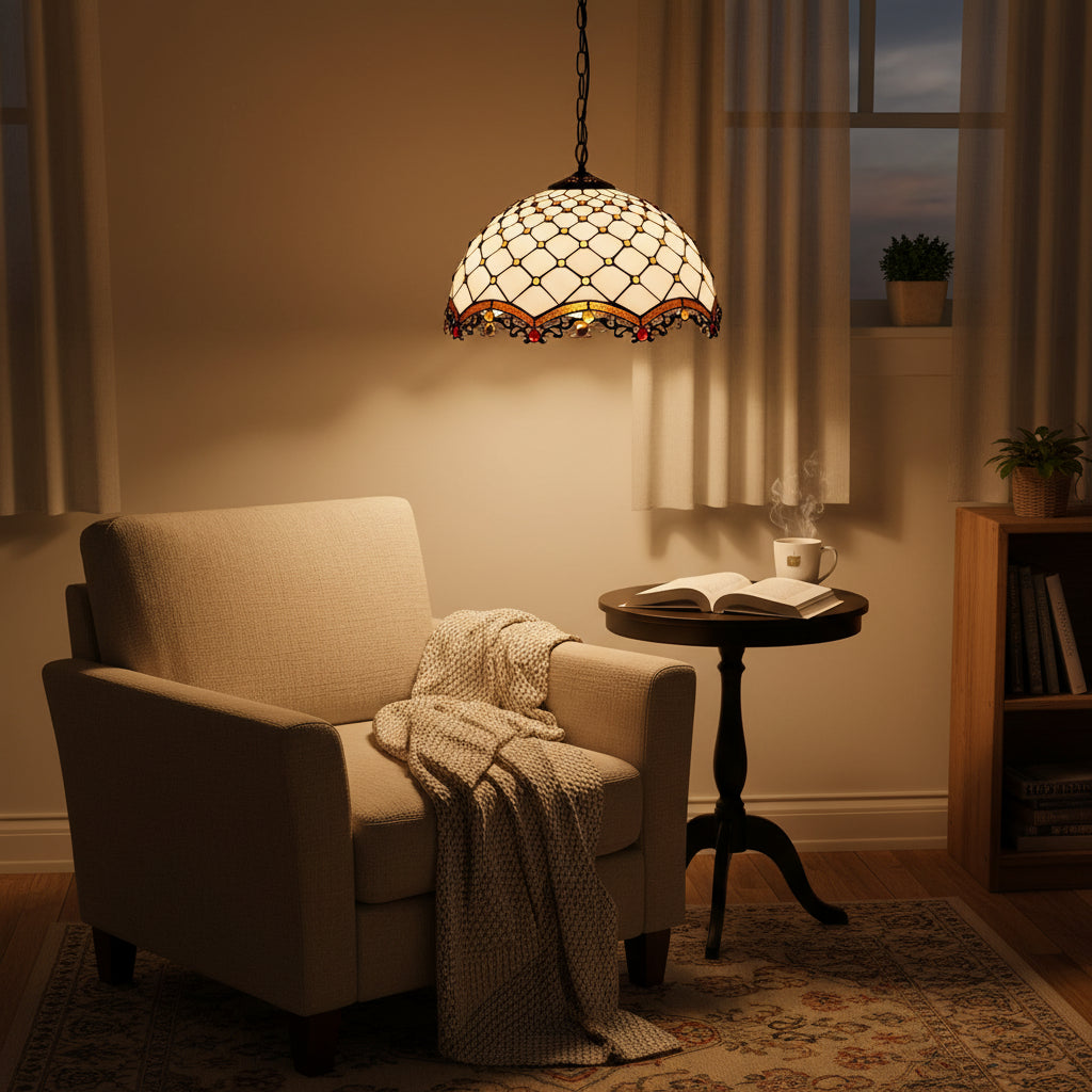 Tiffany-style Art Nouveau Stained Glass Pendant Light in White Glass