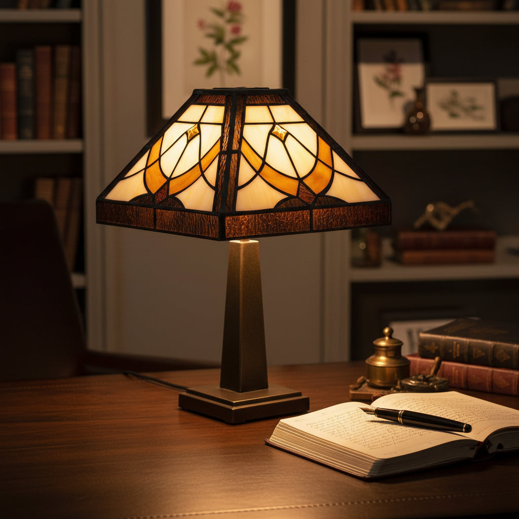 Square Tiffany-Style Lampshade in Cream and Amber