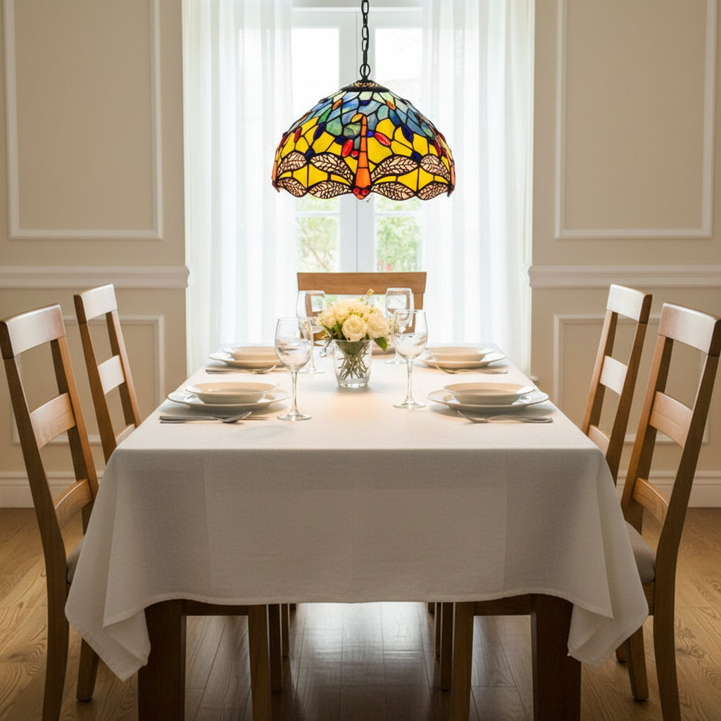 Yellow and Blue Stained Glass Tiffany Pendant Light Dragonfly