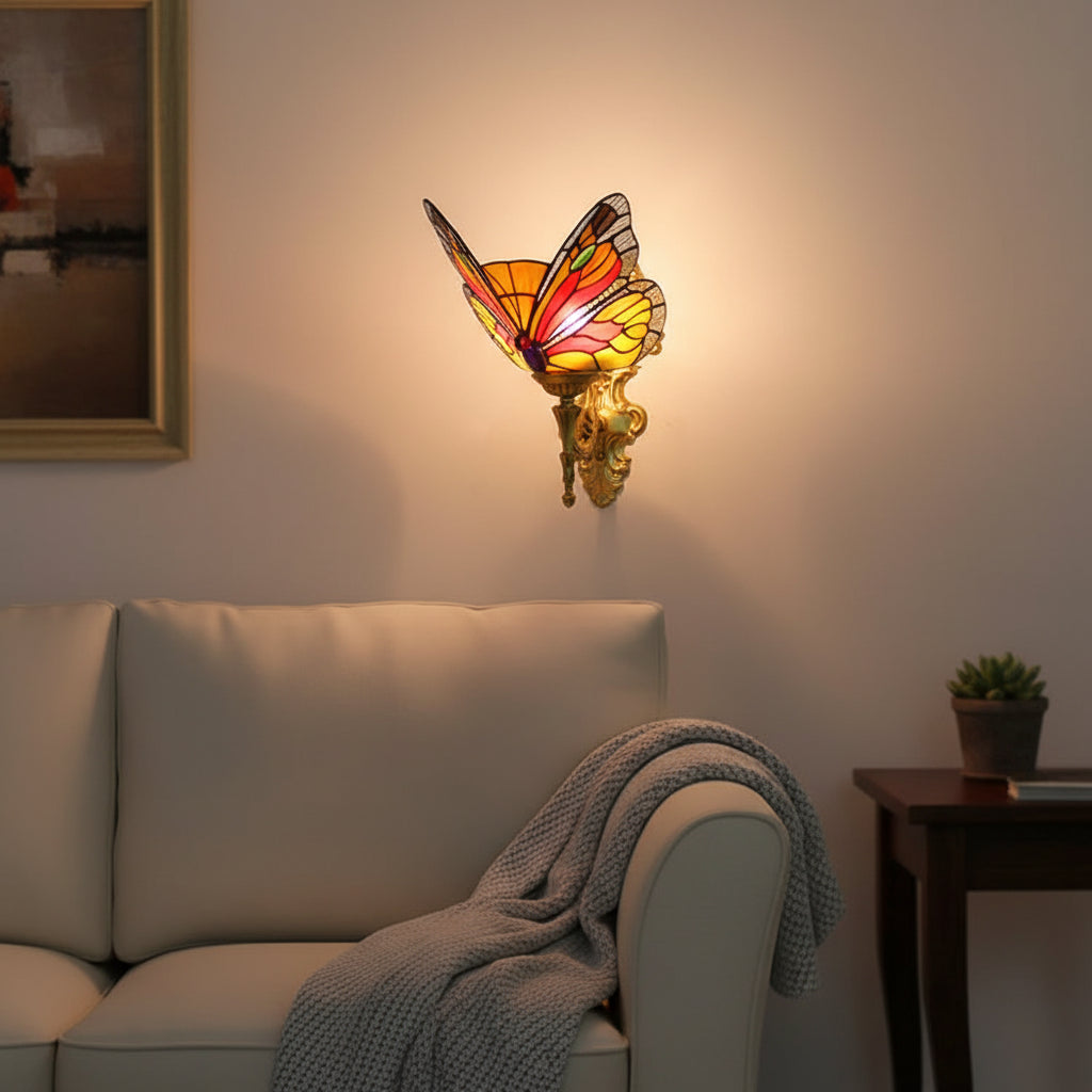 Ornate Tiffany Style Stained Glass Butterfly Wall Sconce