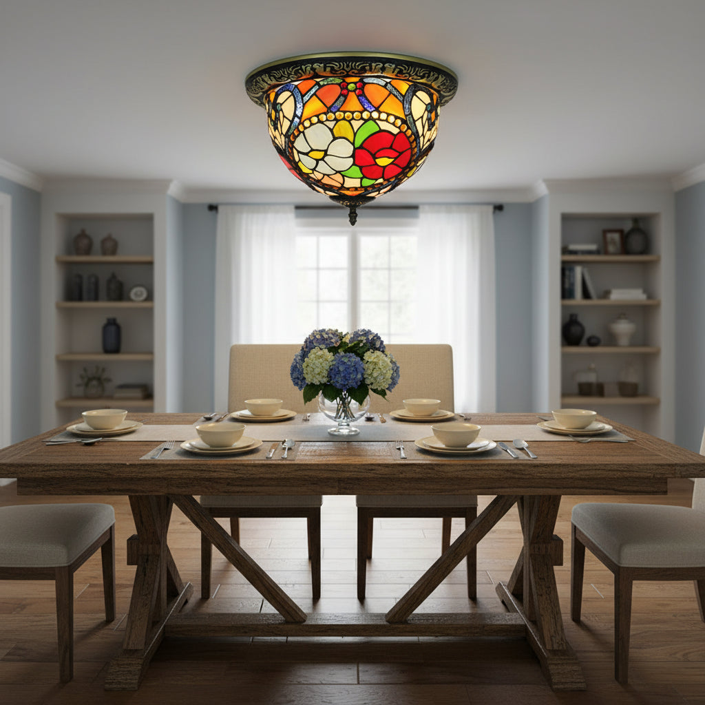 Tiffany-style Floral Stained Glass and Iron Ceiling Light