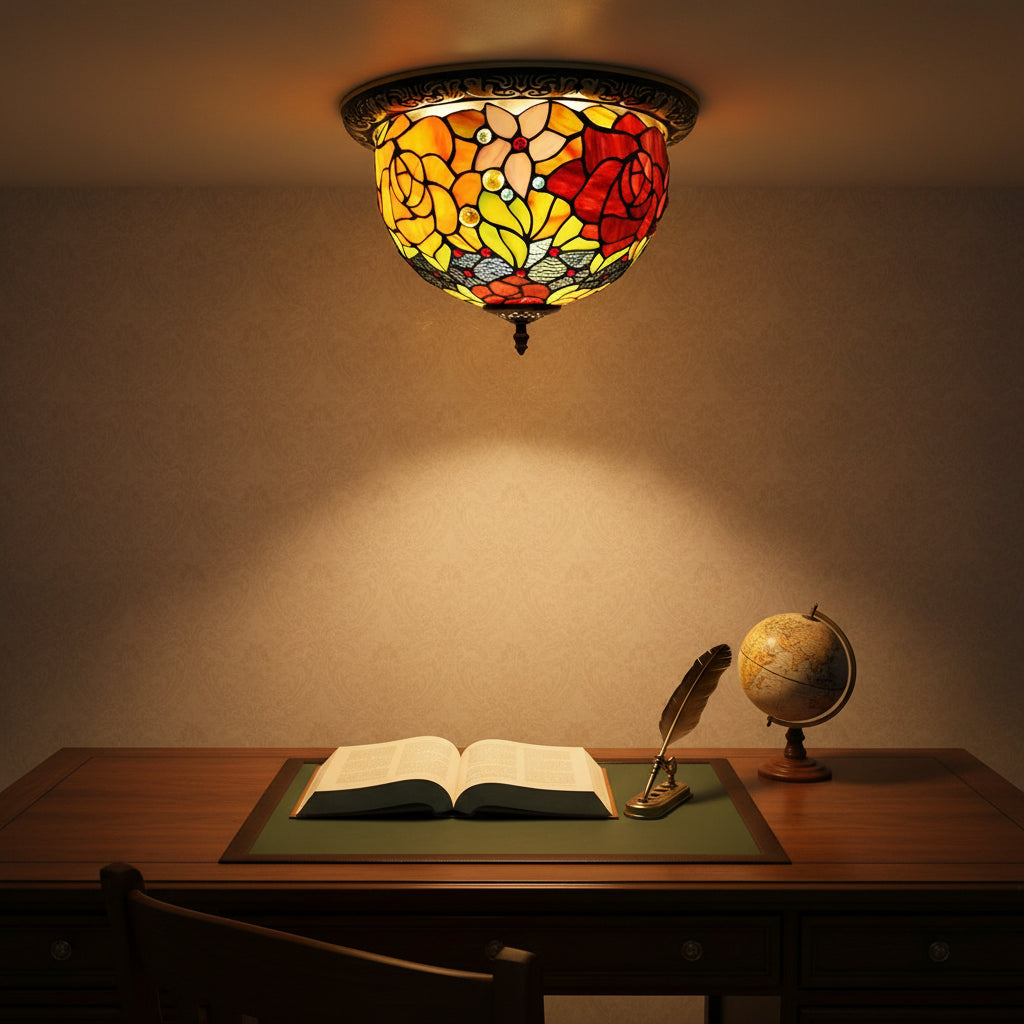 Floral Tiffany Ceiling Light in Glass and Wrought Iron