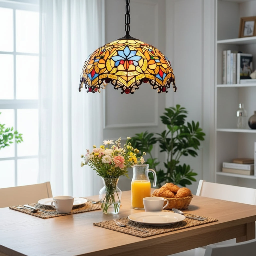 Floral Amber Glass Tiffany Pendant Light 30cm