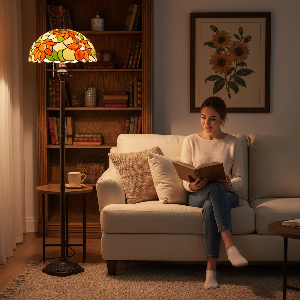 Tiffany-style floor lamp in orange floral glass