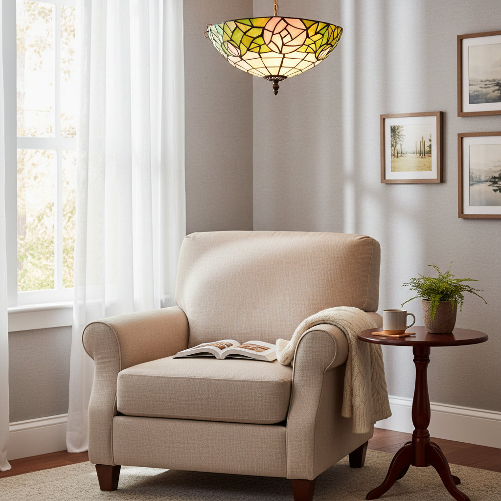 Round Tiffany Stained Glass Ceiling Light in Green & Peach
