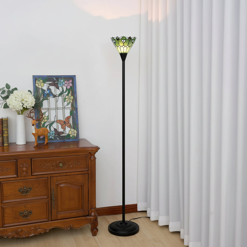 Tiffany-style floor lamp in green and cream stained glass