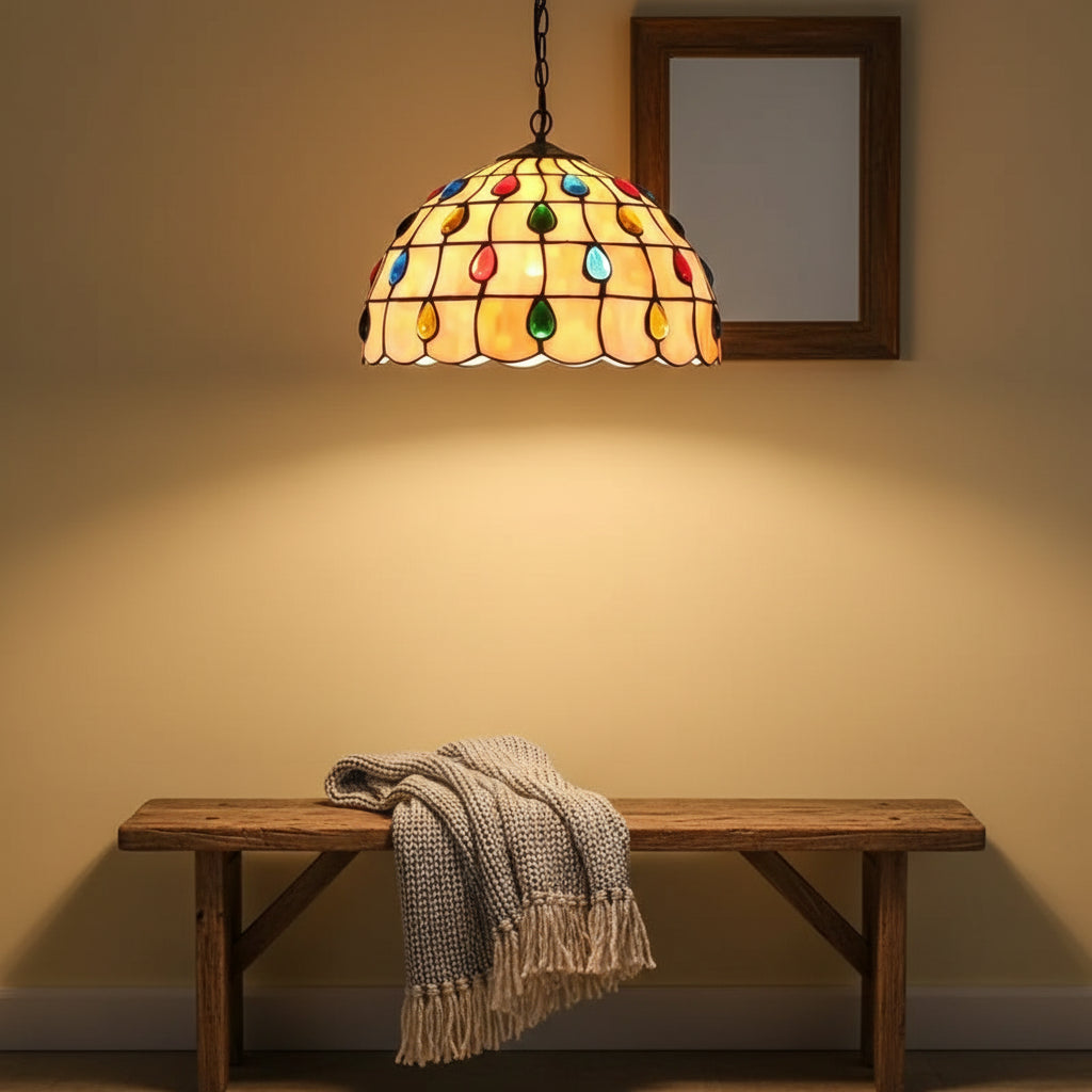 Tiffany-style pendant light in tinted glass with cabochons, 30cm
