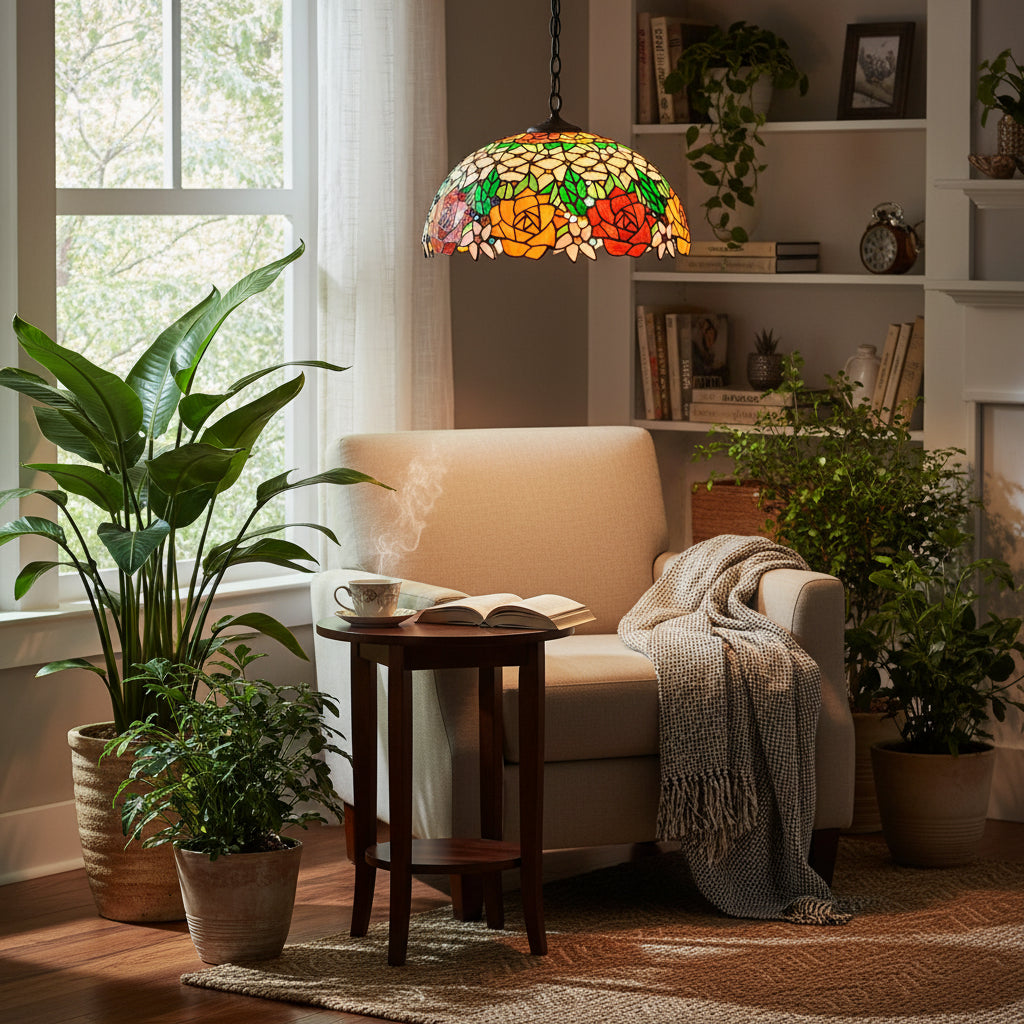 Tiffany-style stained glass rose pendant light, Ø40cm