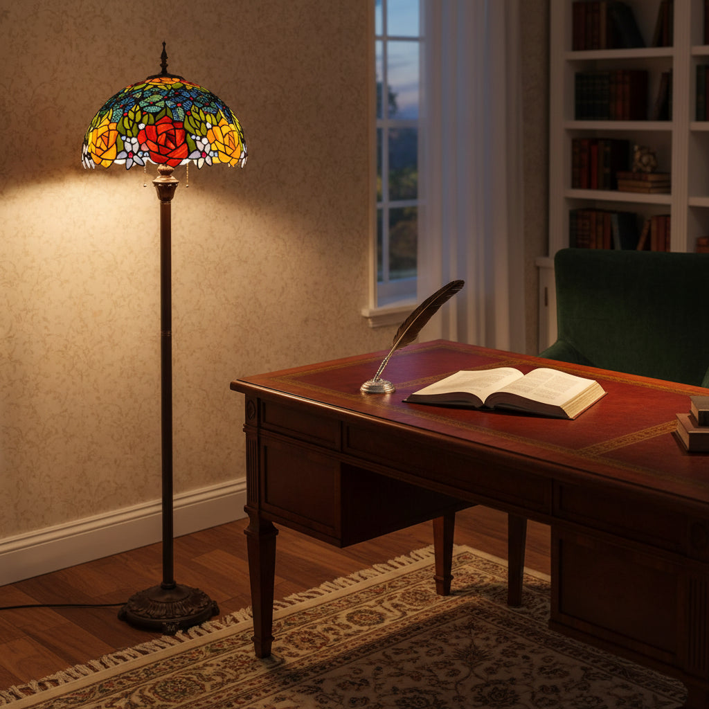 Tiffany-style stained glass floor lamp with red and yellow roses