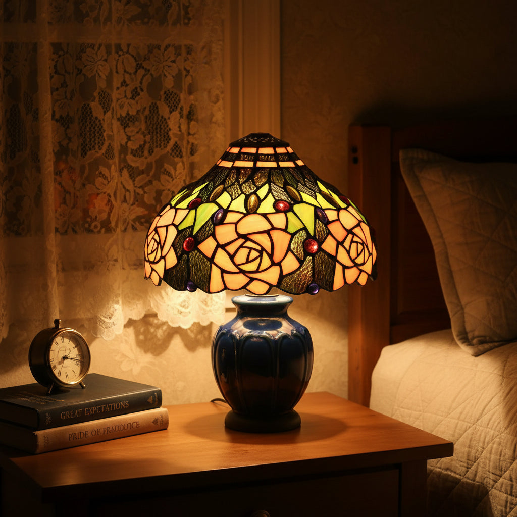 Tiffany-style tinted glass lampshade with multicolored roses