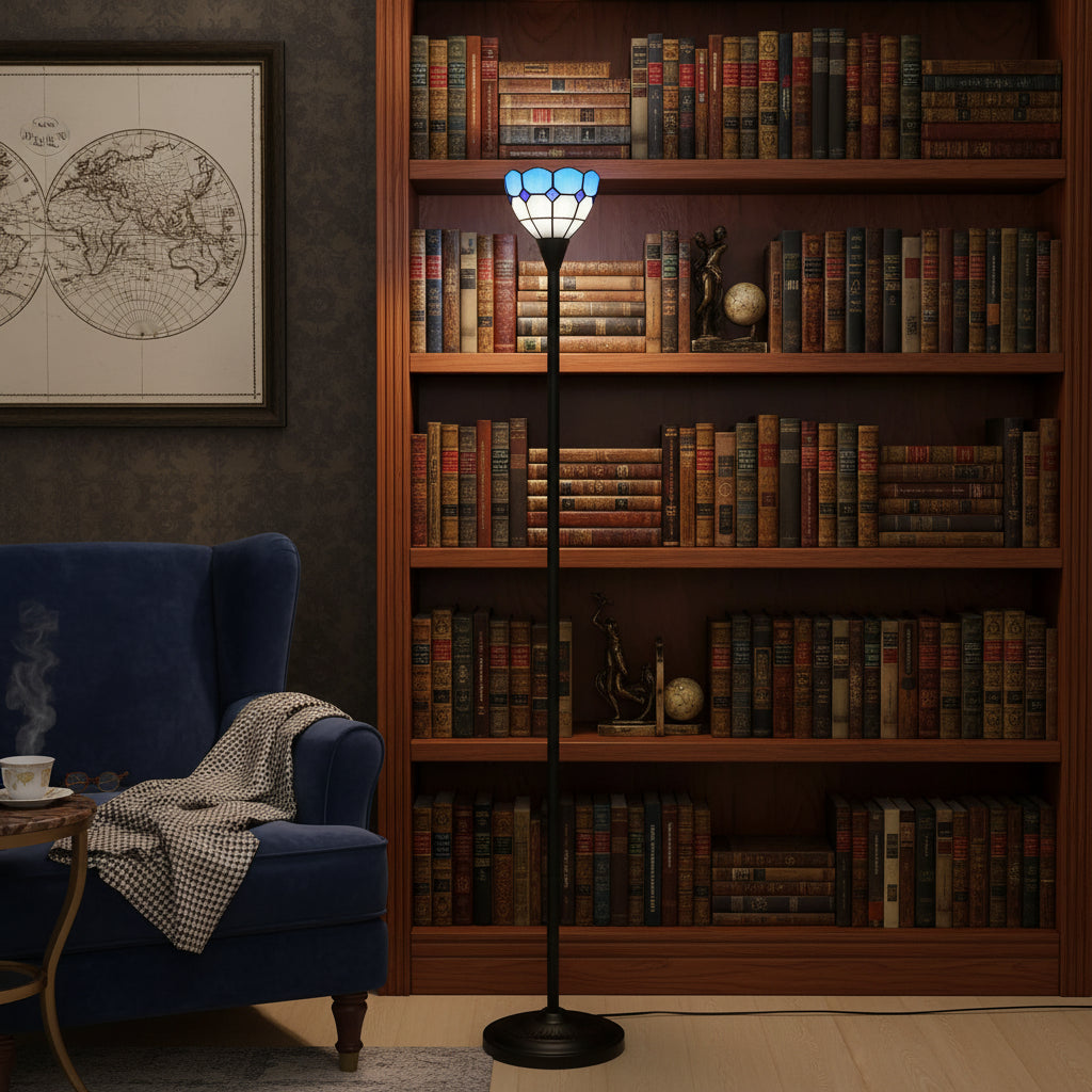 Blue and white stained glass floor lamp in the shape of a tulip
