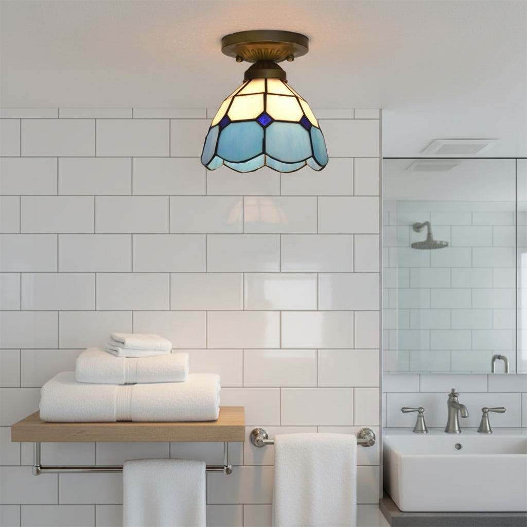 Tiffany Style Ceiling Light in Blue and White Tinted Glass