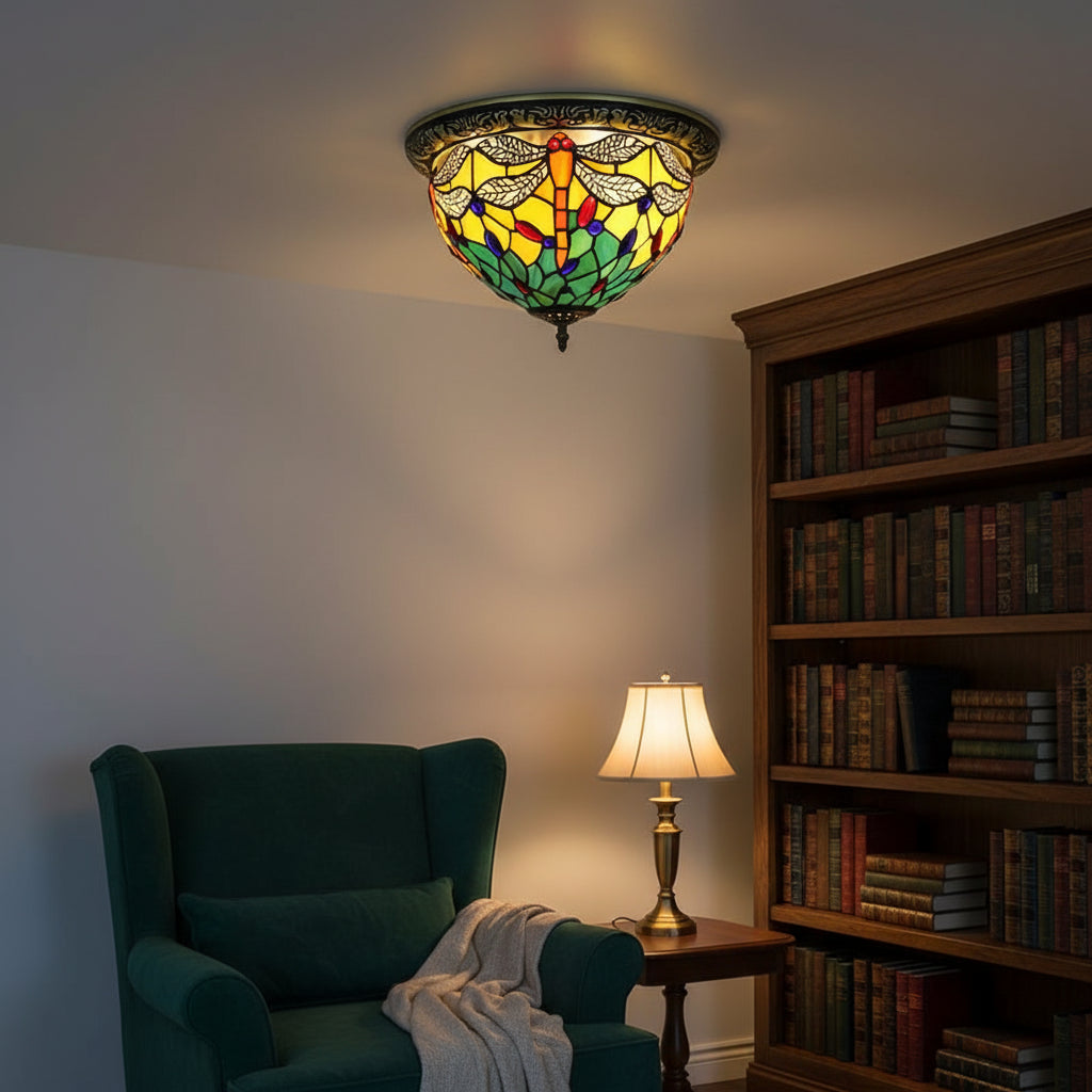 Tiffany Style Dragonfly Ceiling Light in Stained Glass