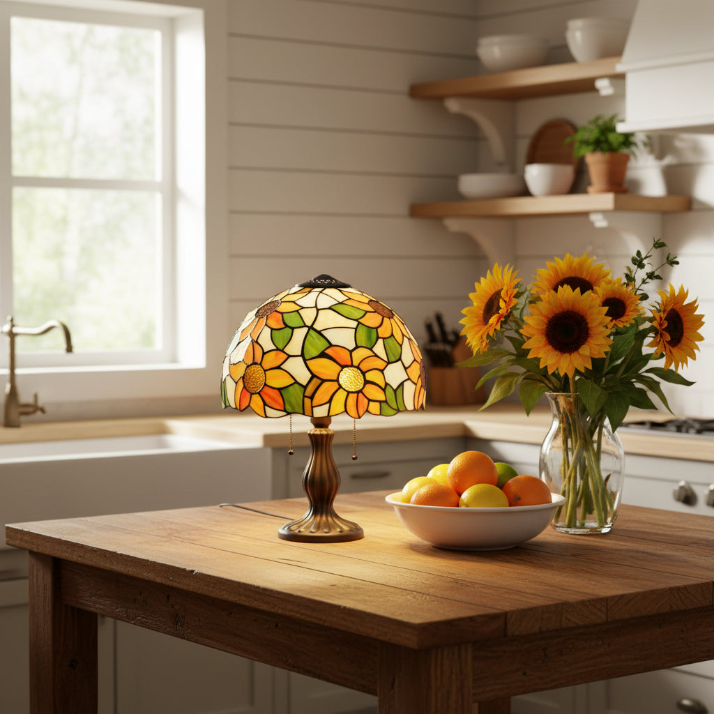 Tiffany-style lampshade with colorful sunflowers