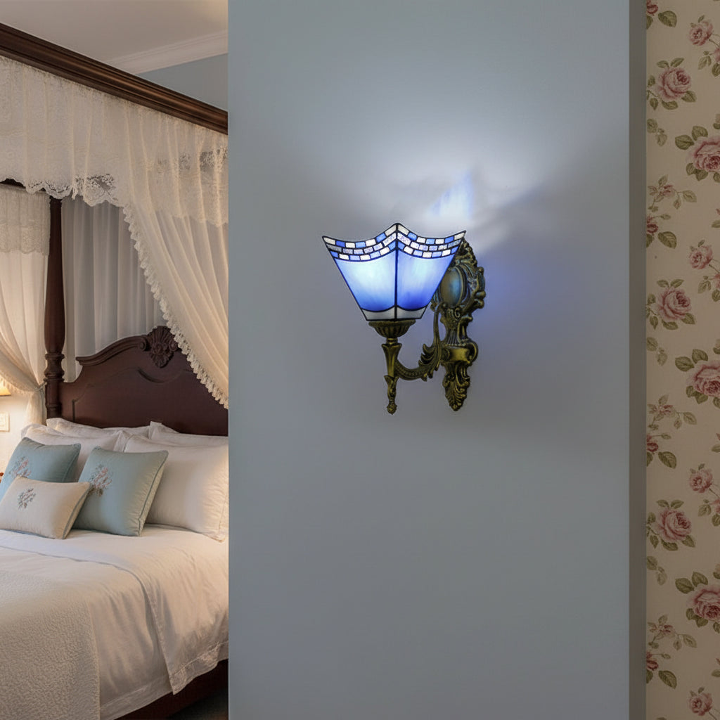Ornate Wall Sconce in Blue and White Glass