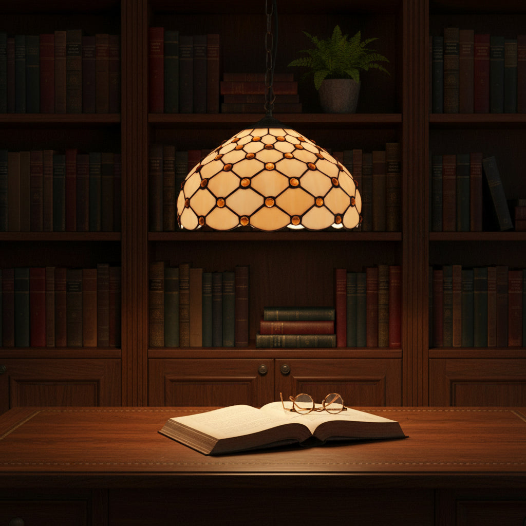 Tiffany Style Pendant Light with Amber Jewels