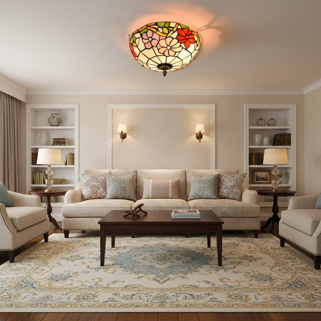 Multicolor Floral Stained Glass Ceiling Light in Tiffany Style