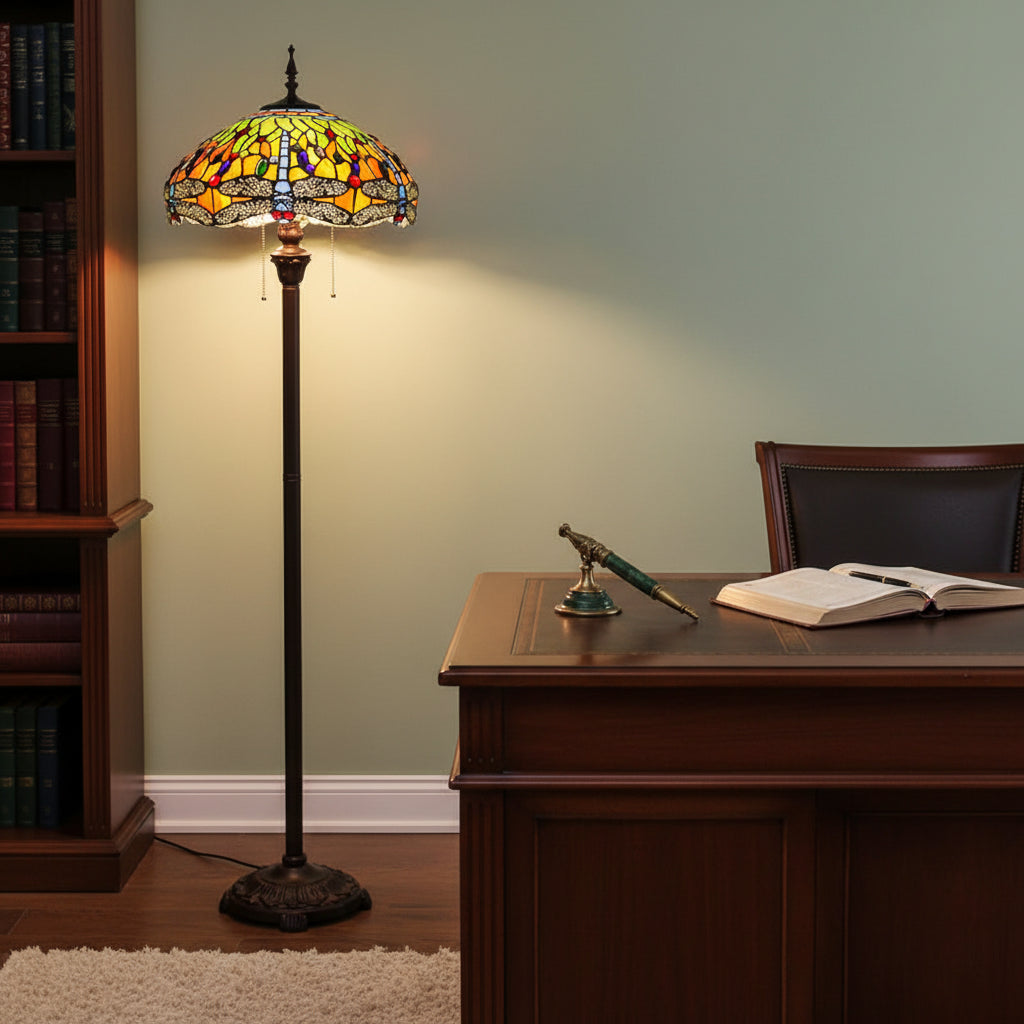 Tiffany Floor Lamp in Stained Glass with Dragonflies