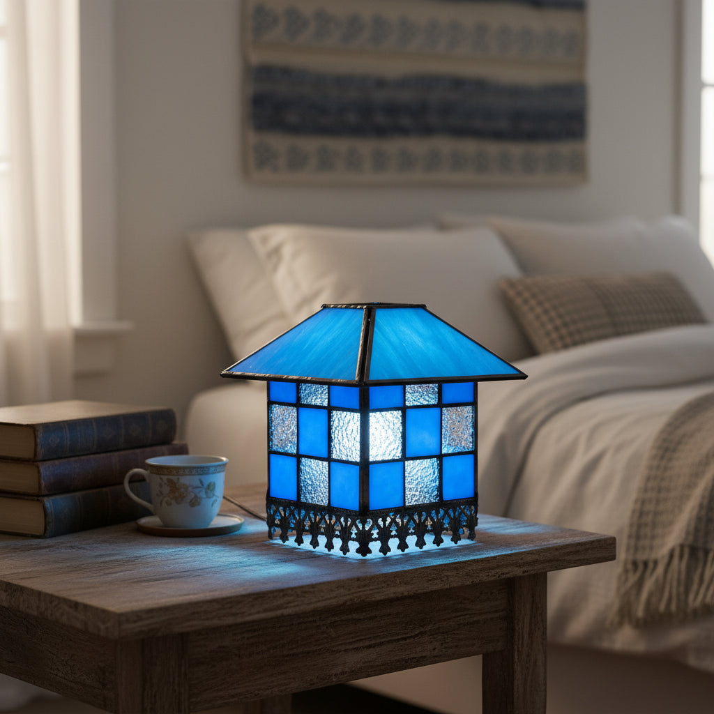 Blue tinted glass lantern lampshade with geometric checkered pattern