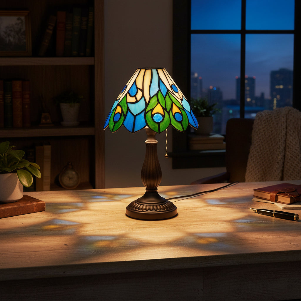 Tiffany Stained Glass Lampshade with Blue and Green Peacock Motif