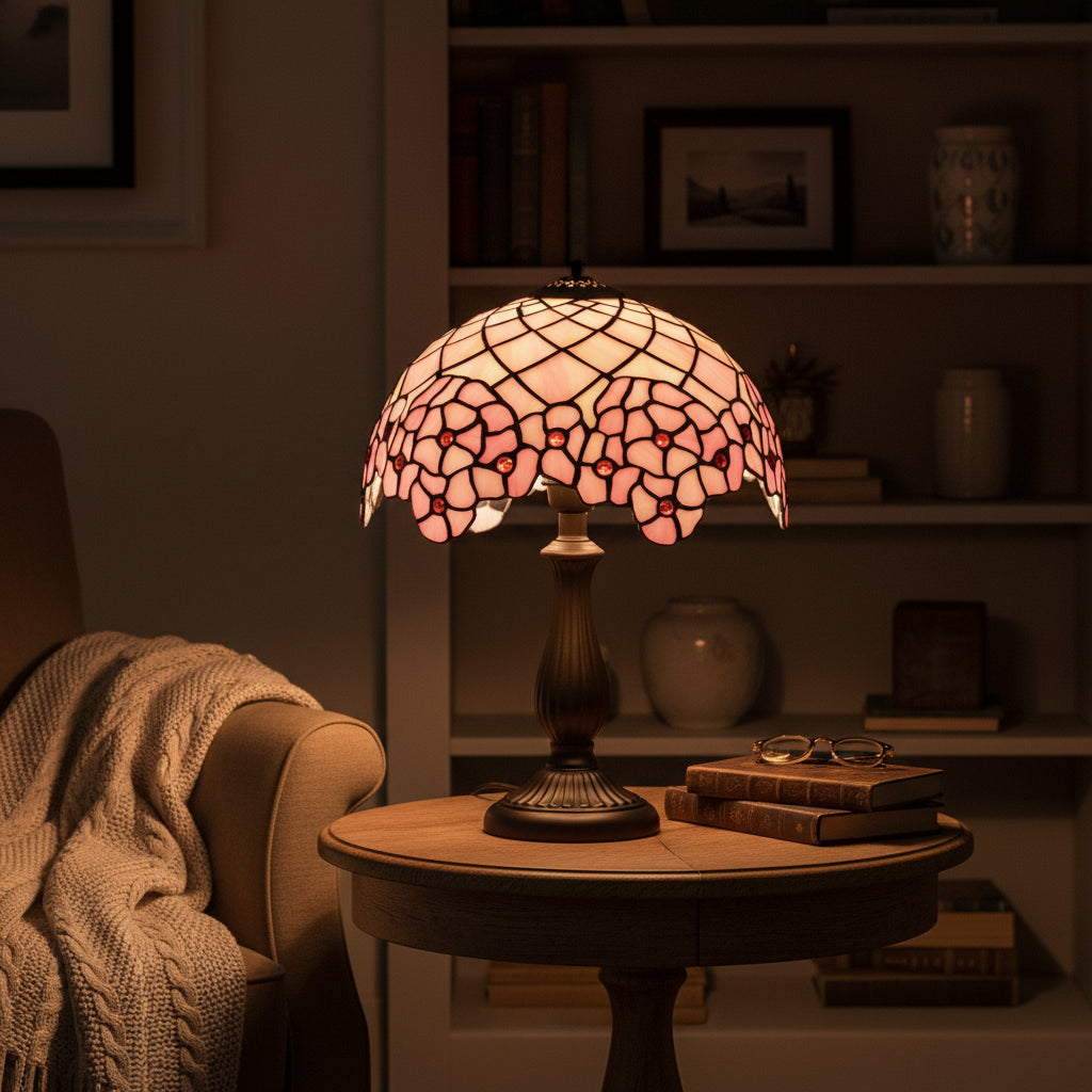 Pink Floral and Geometric Stained Glass Lampshade