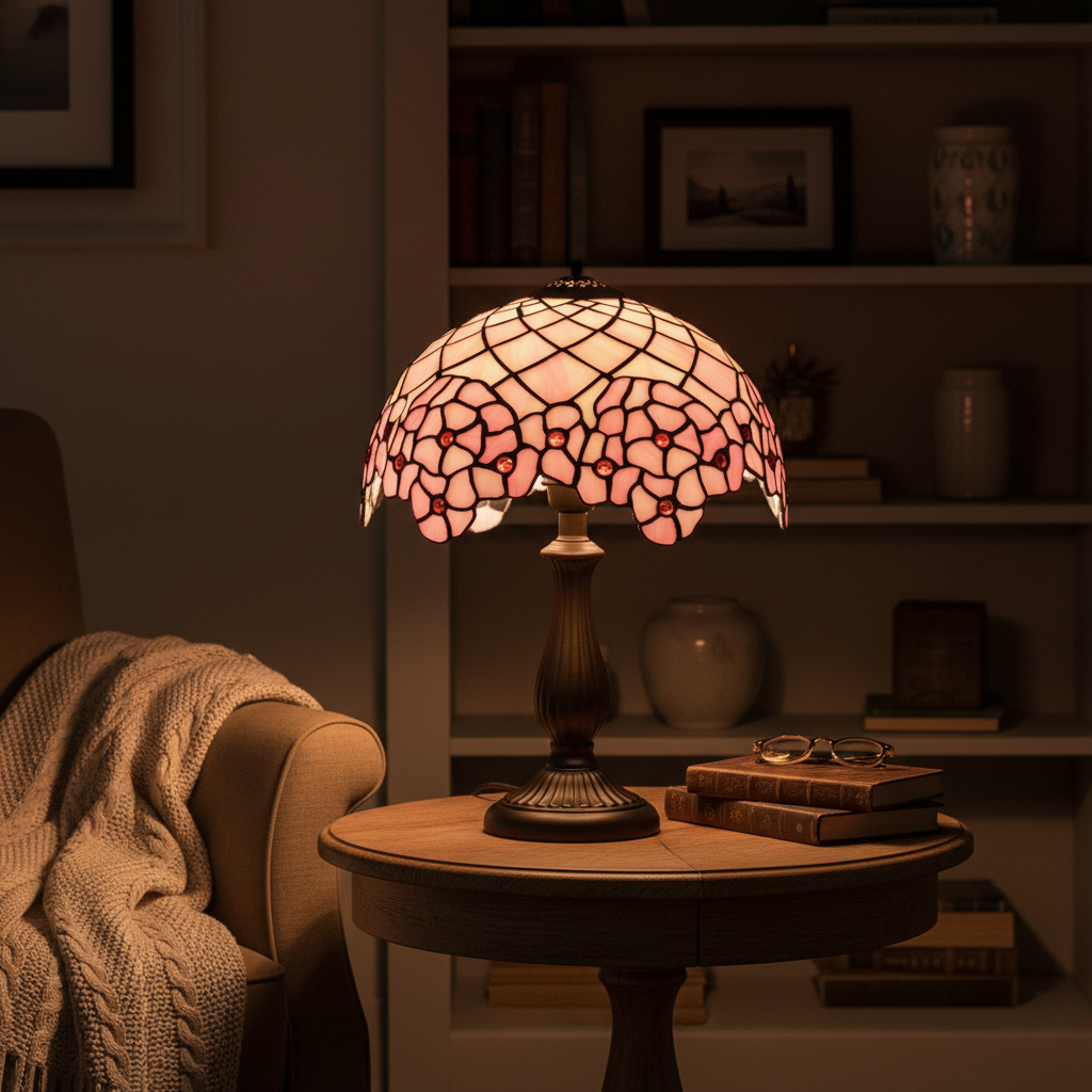 Pink Floral Tiffany Lampshade with Red Cabochons