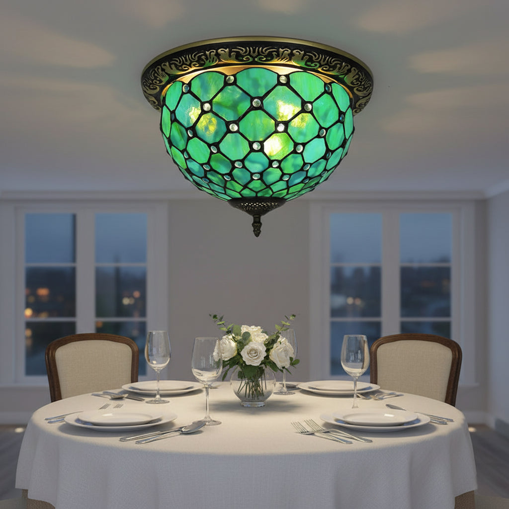 Tiffany Style Ceiling Light in Green Stained Glass