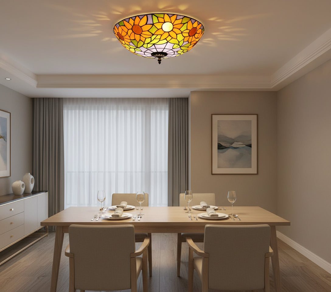 Tiffany-style stained glass ceiling light with sunflowers