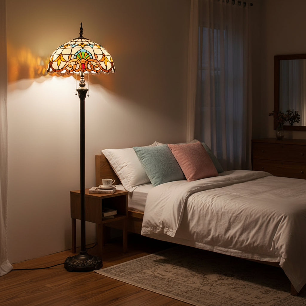 Tiffany-style stained glass floor lamp in multicolored glass