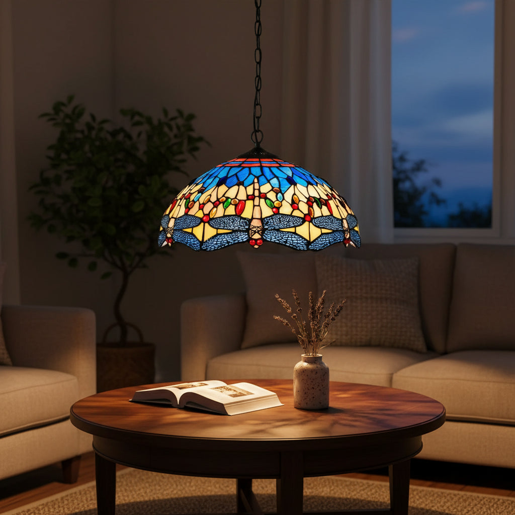 Tiffany-style stained glass dragonfly pendant light