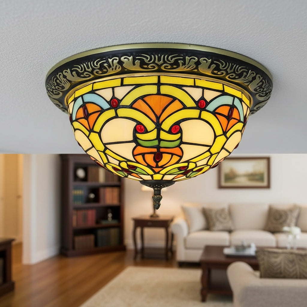 Round Tiffany-style ceiling light in stained glass