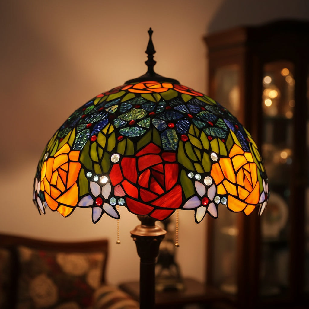 Tiffany-style stained glass floor lamp with red and yellow roses