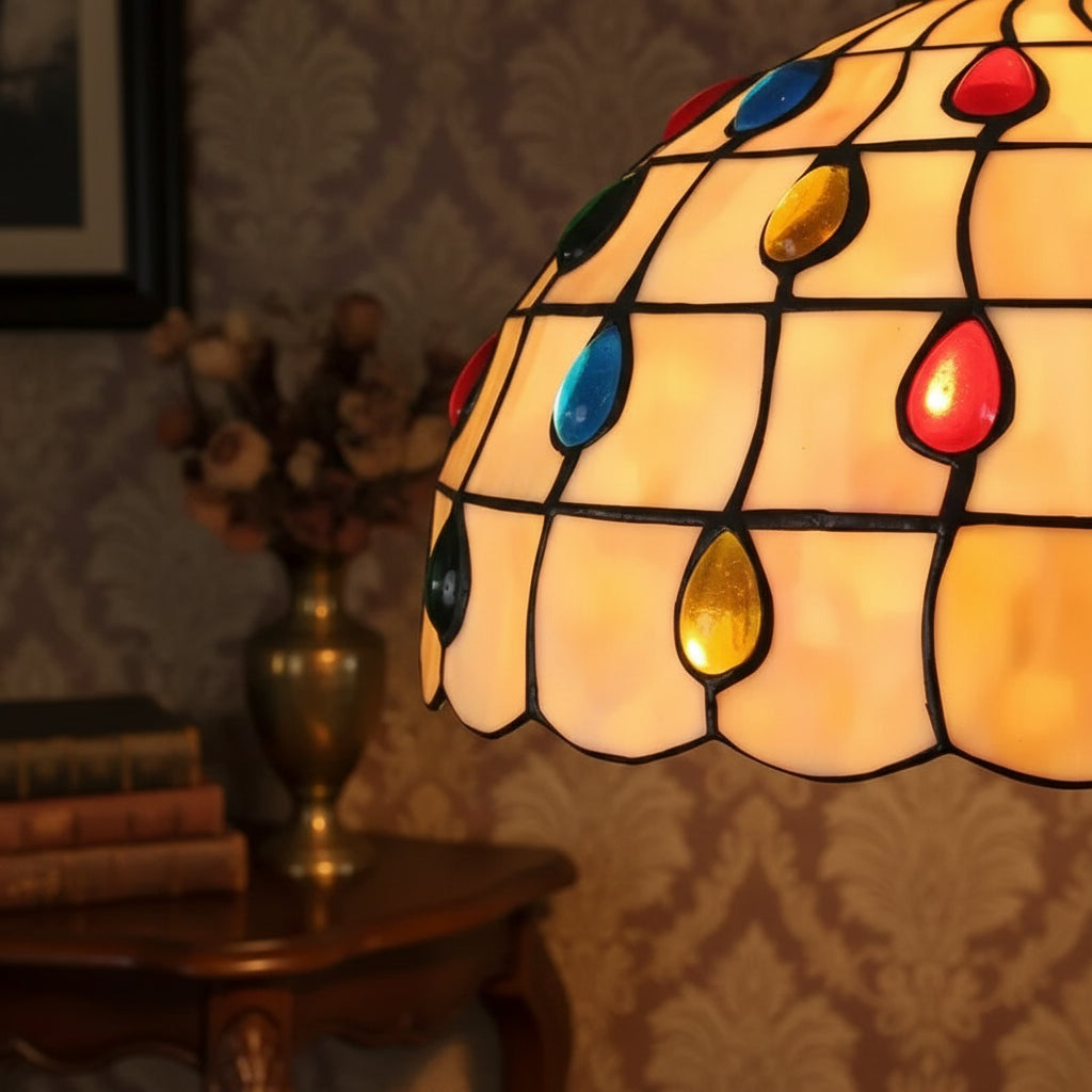 Tiffany-style pendant light in tinted glass with cabochons, 30cm