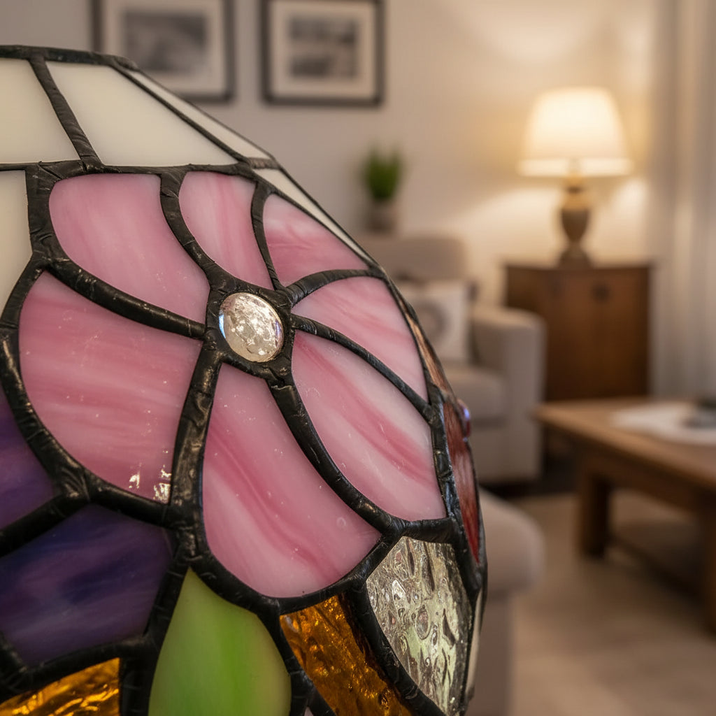 Floral Stained Glass Dome Lampshade with Beads