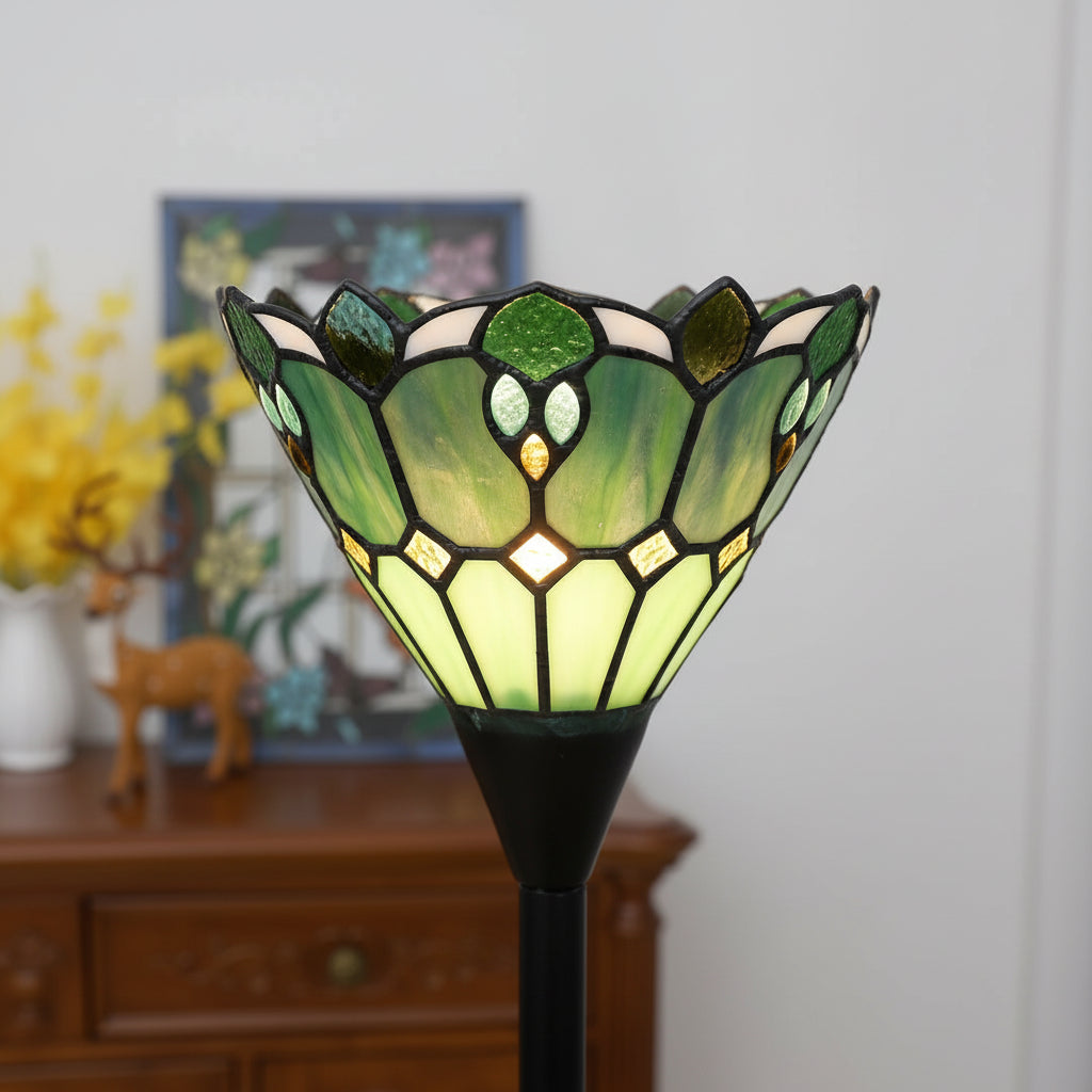 Tiffany-style floor lamp in green and cream stained glass