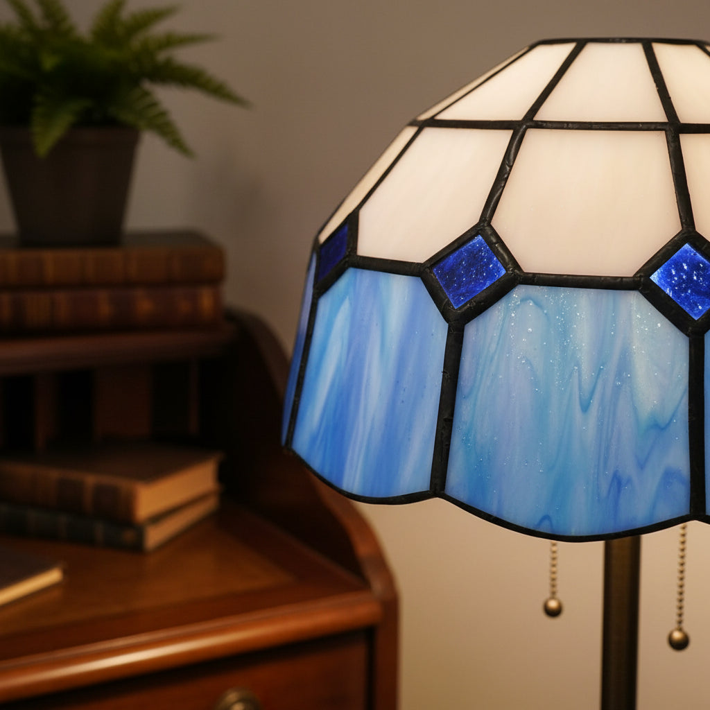 Tiffany Conical Lampshade in White and Blue Glass